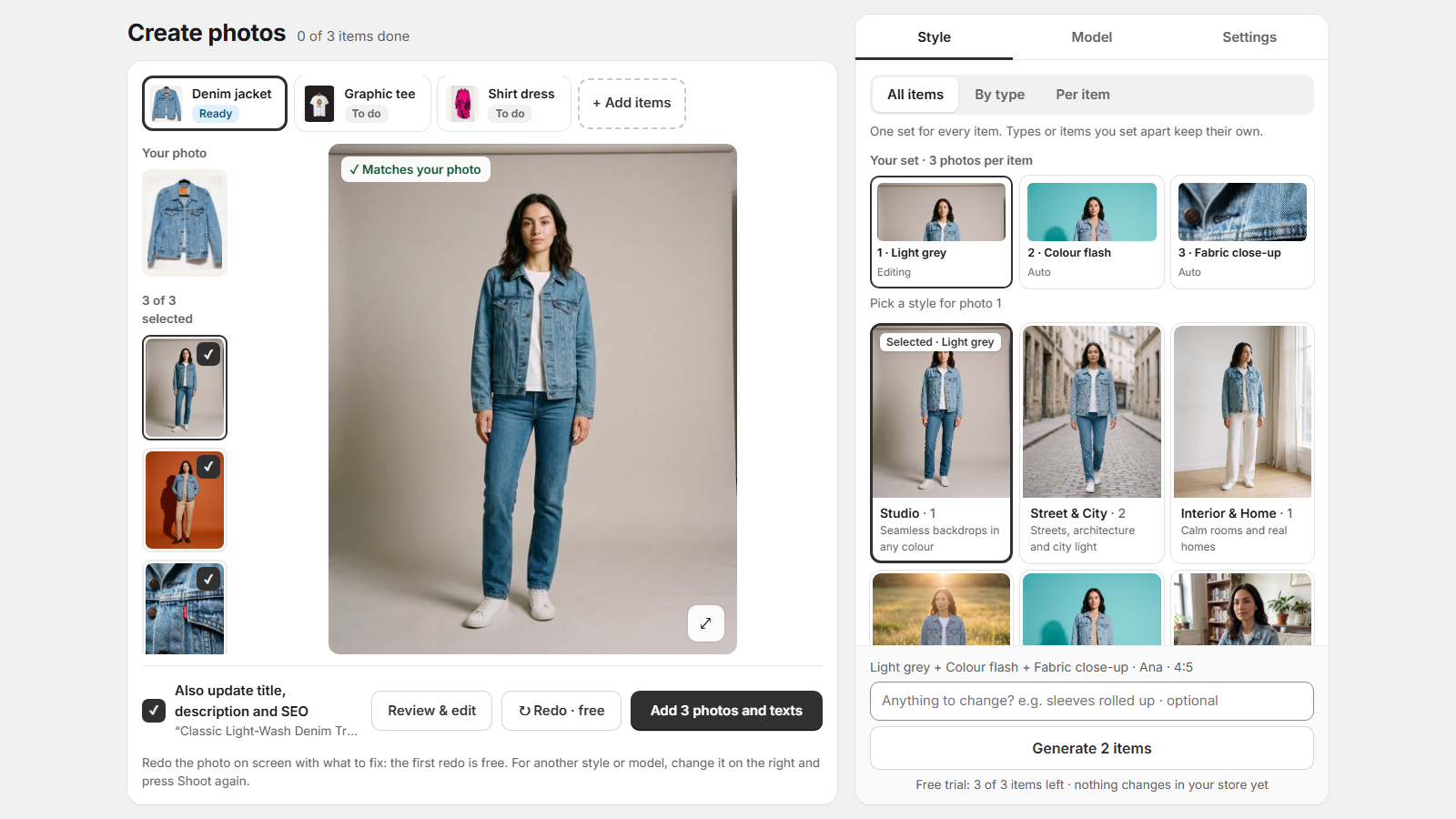 Fashionfy in Shopify admin: a finished set of three photos of a denim jacket, the accuracy check and the Add button