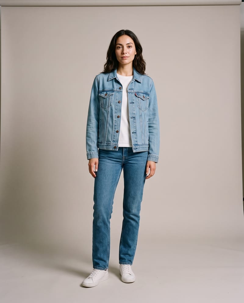 The same denim jacket on a model, light grey studio